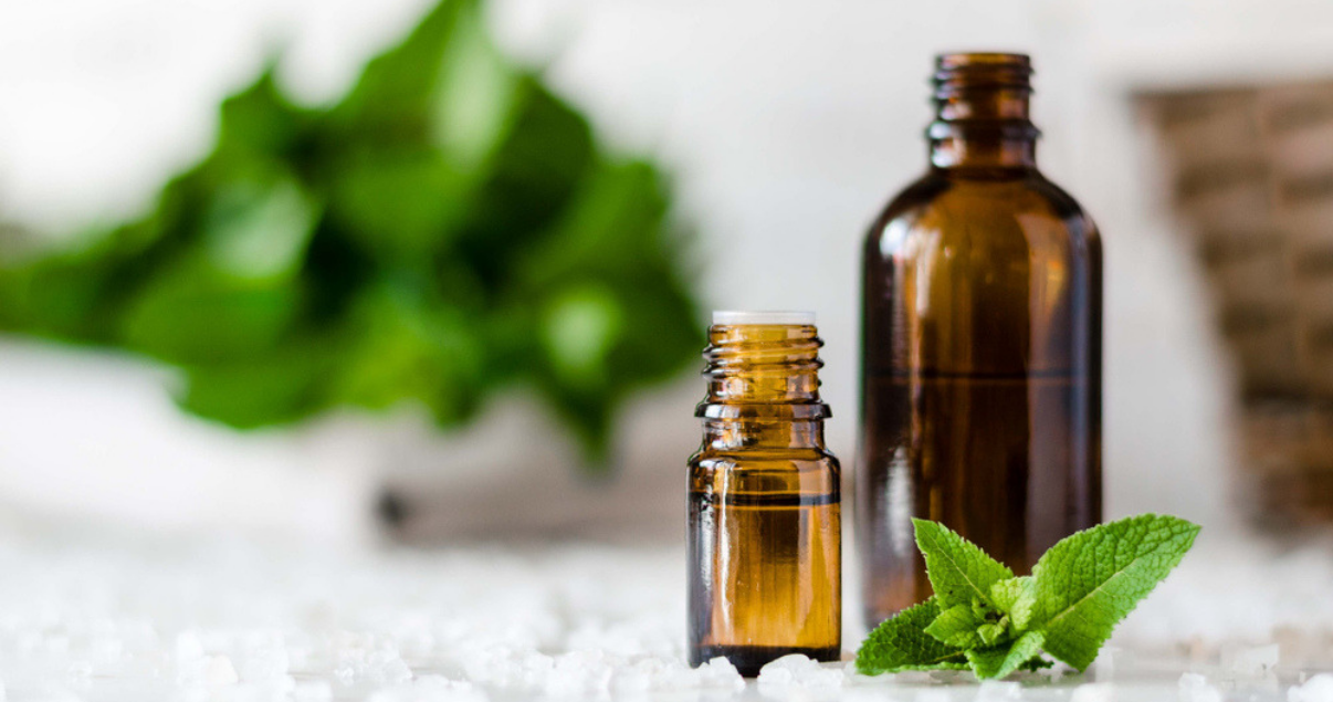 A_bottle of mint essential oil for homemade hair detangler spray with fresh mint  leaves on a white background
