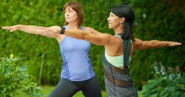 woman friends doing yoga with strong hairpiece bonds