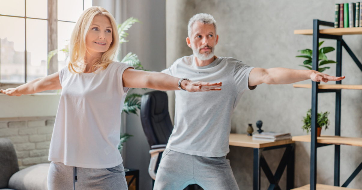 Middle age couple exercising with their hair systems.