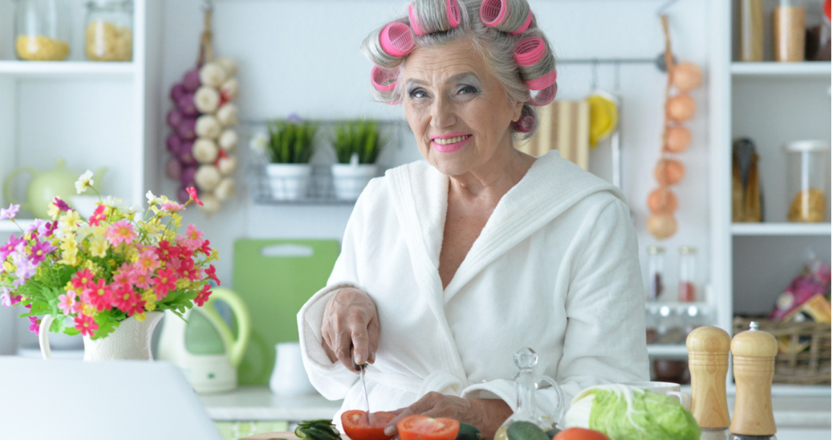 Senior woman does hair system care at home
